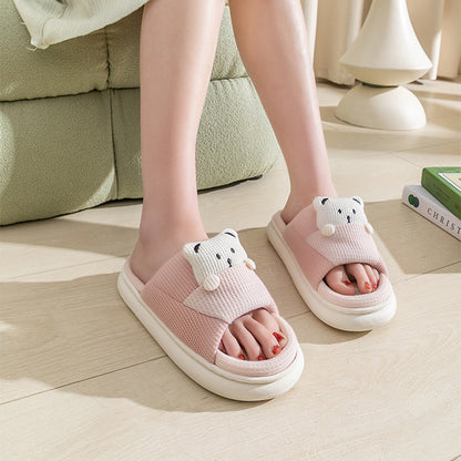 Cute Cartoon Bear Slippers Spring And Autumn Fashion Thick-soled  Mute Linen Slipper Women's House Shoes