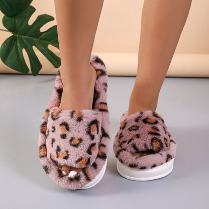 Fashion Winter Slipper Leopard Print Thick-soled Warm Fur Slippers Home Indoor And Wutdoor Shoes