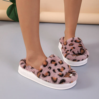 Fashion Winter Slipper Leopard Print Thick-soled Warm Fur Slippers Home Indoor And Wutdoor Shoes