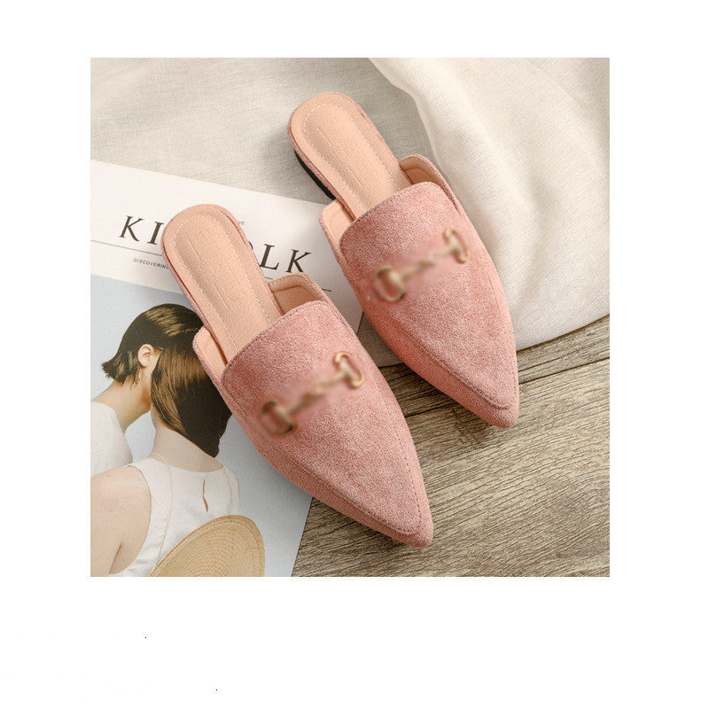 Spring New Pointed Cool And Half Slippers Female Baotou Flat-bottomed Casual Wear Large Size 41-42 Muller Shoes 295-3