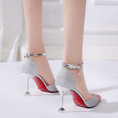 Sequin Pointed High Heels Stiletto Hollow Word Buckle Banquet Bridal Shoes