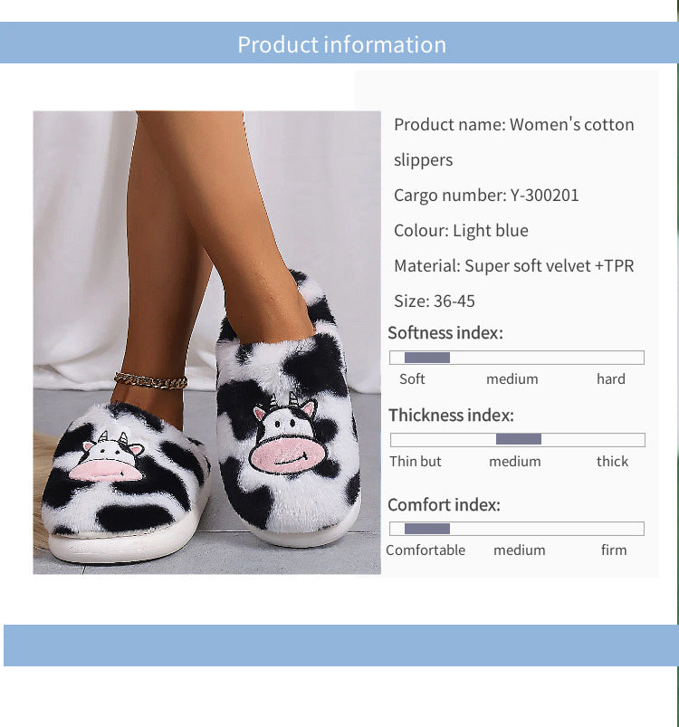 Cartoon Cow Cotton Slippers Indoor Non-slip Warm House Shoes Winter