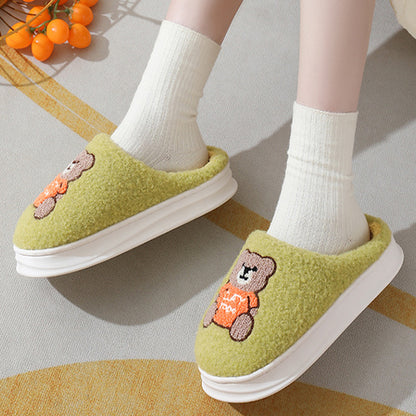 Lovely Cartoon Bear Woolen Slippers For Women Winter Indoor Thick-soled Non-slip Home Slippers Breathable Warm Bedroom Floor House Shoes