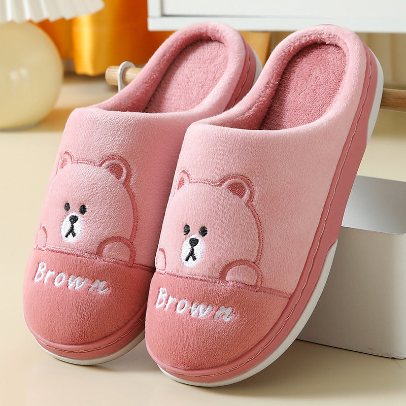 Cute Bears Slippers Warm Winter House Shoes For Women Couple Indoor Floor Bedroom Solid Color Non-slip Soft Plush Slippers