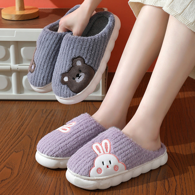 Cute Rabbit Striped Slippers For Women Thick-soled Indoor Couples Warm Winter Non-slip Home Slipper Plush Cotton Shoes