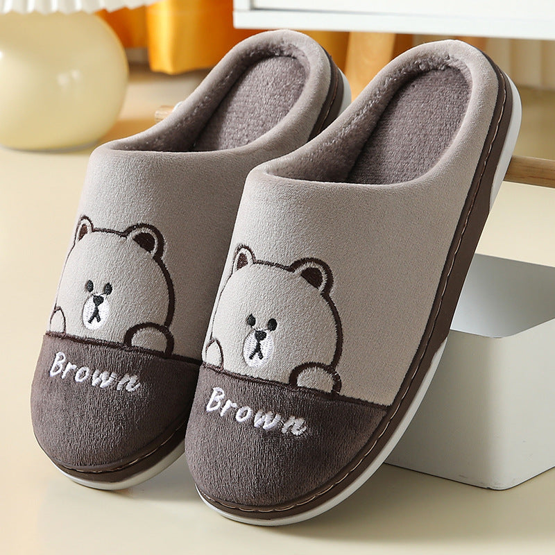 Cute Bears Slippers Warm Winter House Shoes For Women Couple Indoor Floor Bedroom Solid Color Non-slip Soft Plush Slippers