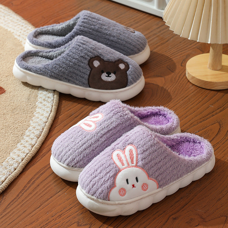 Cute Rabbit Striped Slippers For Women Thick-soled Indoor Couples Warm Winter Non-slip Home Slipper Plush Cotton Shoes