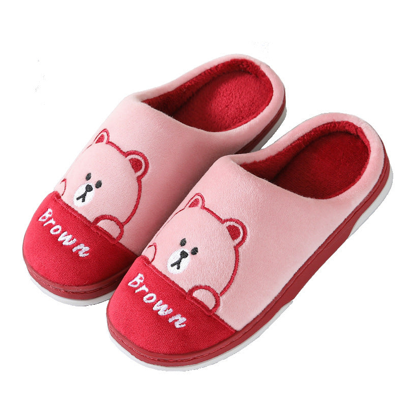 Cute Bears Slippers Warm Winter House Shoes For Women Couple Indoor Floor Bedroom Solid Color Non-slip Soft Plush Slippers