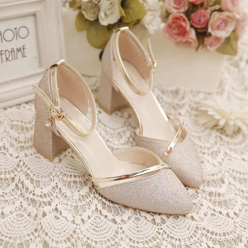 Sequined Wedding Shoes Women's Thick Heel Buckle