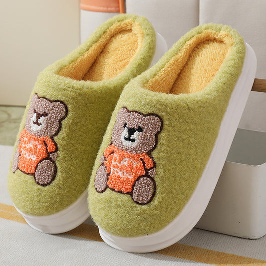 Lovely Cartoon Bear Woolen Slippers For Women Winter Indoor Thick-soled Non-slip Home Slippers Breathable Warm Bedroom Floor House Shoes