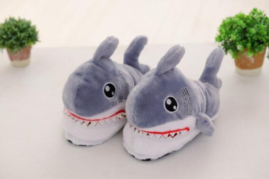 Plush toy shark - headed cotton slipper for women's skid and bottom plush shark slippers