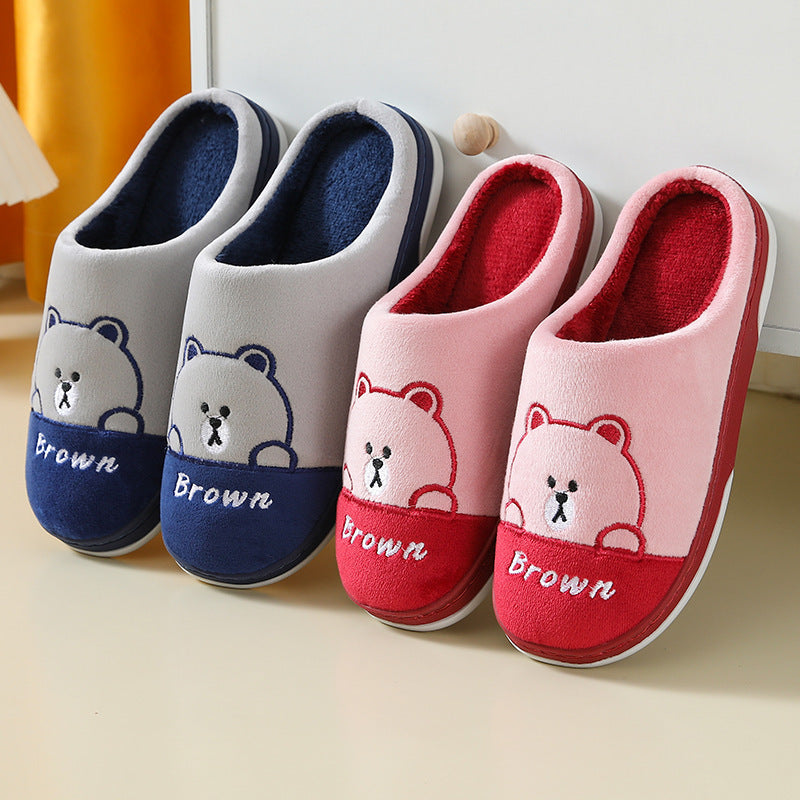 Cute Bears Slippers Warm Winter House Shoes For Women Couple Indoor Floor Bedroom Solid Color Non-slip Soft Plush Slippers