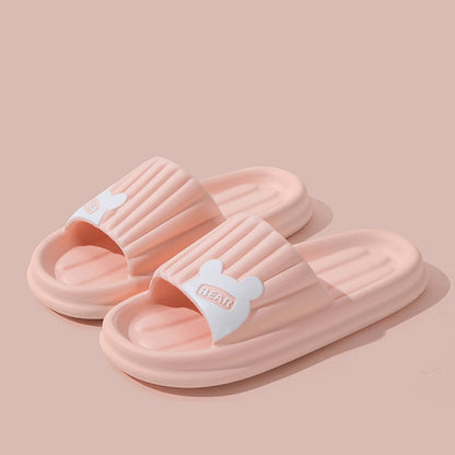 Bear Slippers For Women Summer Indoor Solid Color Striped Thick-Soled Anti-Slip Home Slippers Couples Floor Bathroom House Shoes