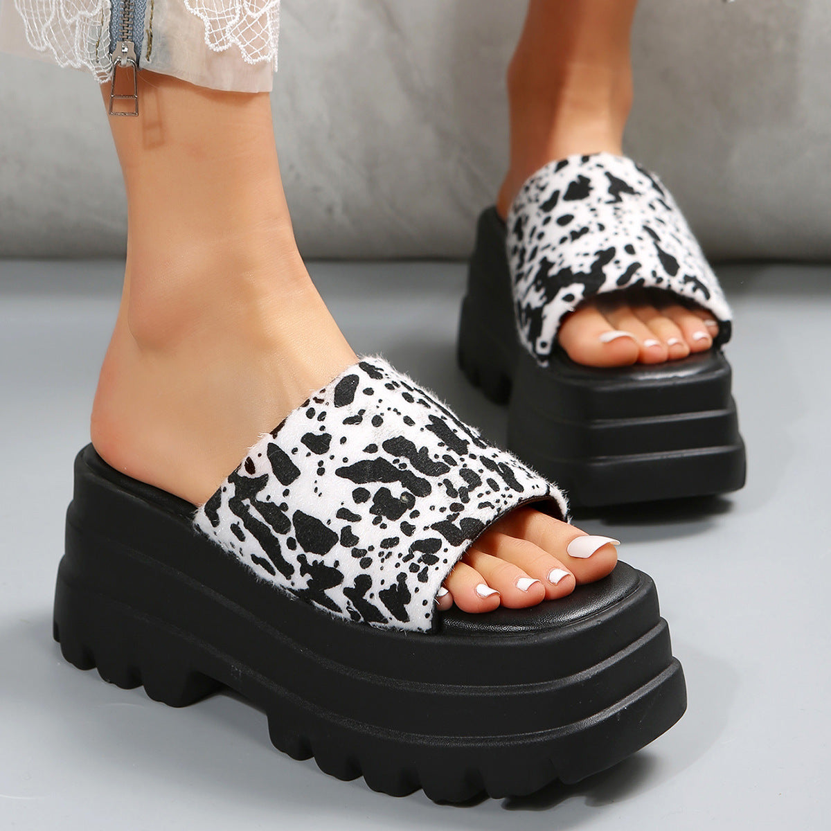 Peep Toe Slipper High Heel Flat Shoes Summer Cow Print Sandals