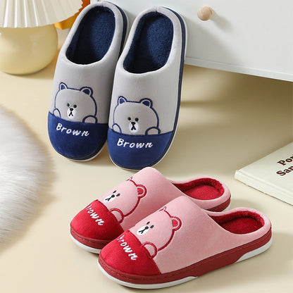 Cute Bears Slippers Warm Winter House Shoes For Women Couple Indoor Floor Bedroom Solid Color Non-slip Soft Plush Slippers