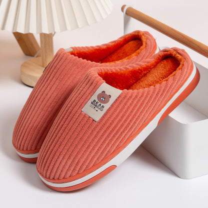 Solid Color Striped Slippers For Women Thick-soled Anti-slip Indoor Warm Plush Home Shoes Couple Women Men Slipper Winter