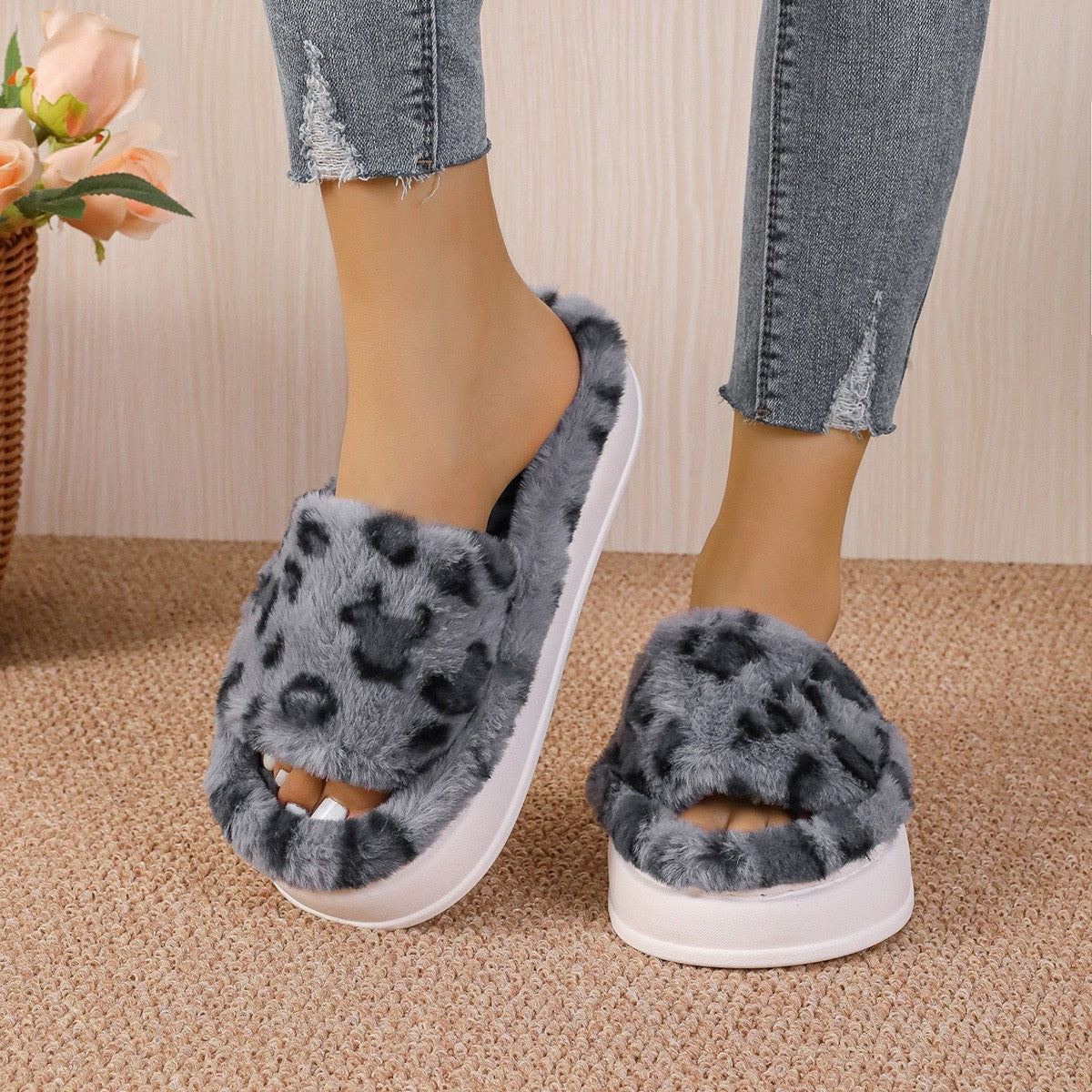 Fashion Winter Slipper Leopard Print Thick-soled Warm Fur Slippers Home Indoor And Wutdoor Shoes