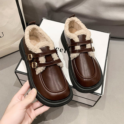 Fleece-lined Leather Shoes Women's New Fashion All-matching