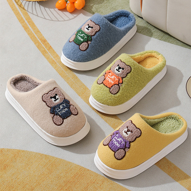 Lovely Cartoon Bear Woolen Slippers For Women Winter Indoor Thick-soled Non-slip Home Slippers Breathable Warm Bedroom Floor House Shoes