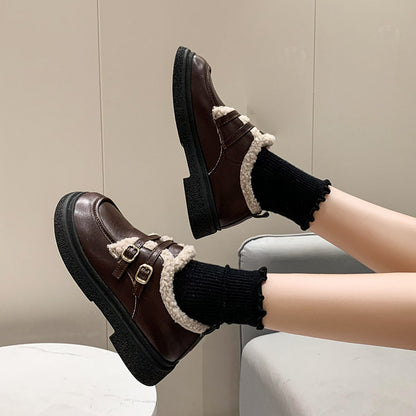 Fleece-lined Leather Shoes Women's New Fashion All-matching