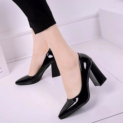 Women's Thick Heel Pointed OL Patent Leather Shoes