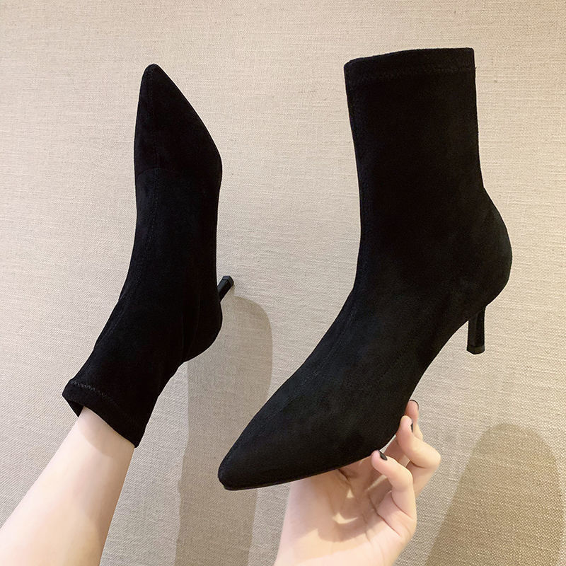 High Heel Elastic Pointed Black New Boot Korean Version