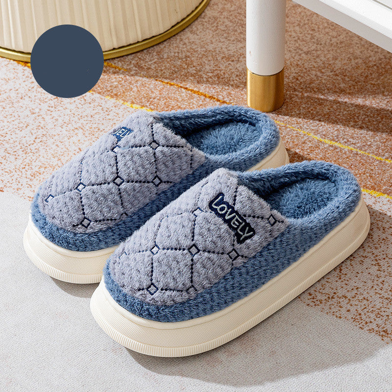 Thick-soled Non-slip Fluffy Slippers With Rhombus Pattern Design Couple Men's Cotton Shoes Indoor Floor Plaid Plush House Slippers Woman