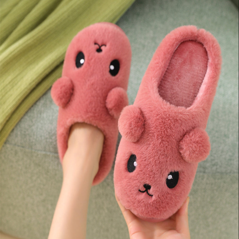 Cute Cartoon Cotton Slippers For Women Winter Warm Indoor Non-slip Thick-soled Home Slippers Furry Plush House Shoes