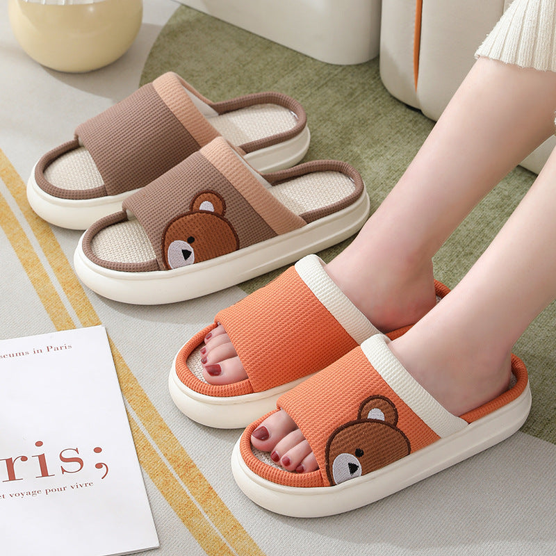 Cute Cartoon Bear Linen Slippers For Women Indoor Non-slip Sweat-absorbent Breathable Slip On Floor Bedroom Slipper House Shoes