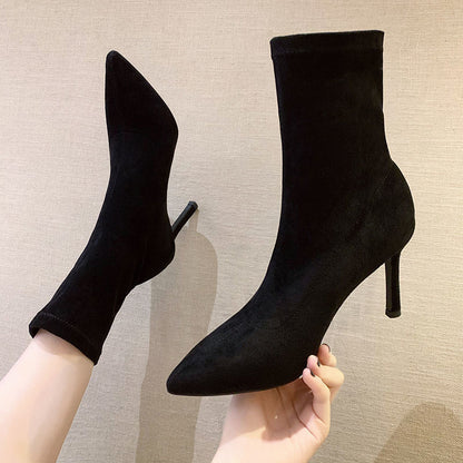 High Heel Elastic Pointed Black New Boot Korean Version