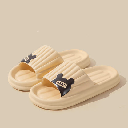 Bear Slippers For Women Summer Indoor Solid Color Striped Thick-Soled Anti-Slip Home Slippers Couples Floor Bathroom House Shoes