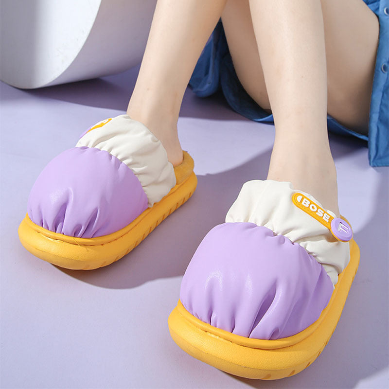 Mixed-color Down Cotton Slippers Winter Warm Indoor Non-slip Couple Thick-soled Home Shoes For Women Fashion Fuzzy House Slipper